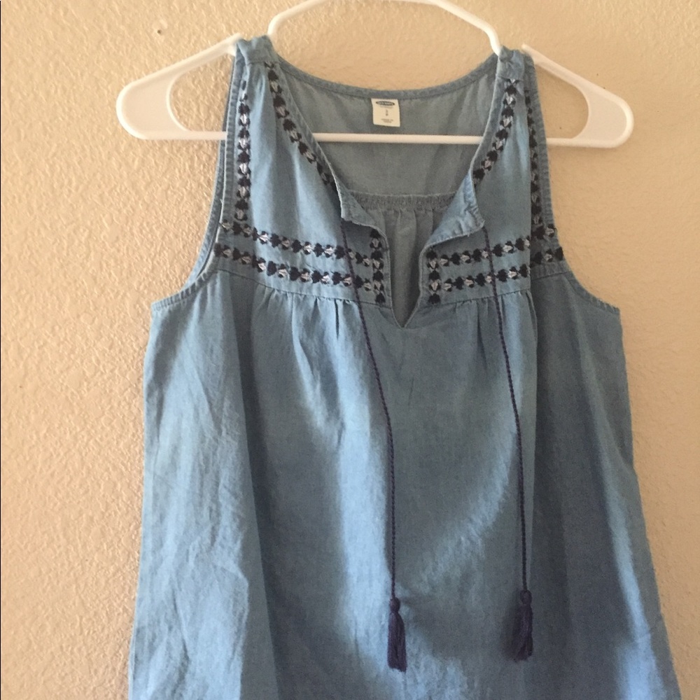 Peasant embroidered denim top